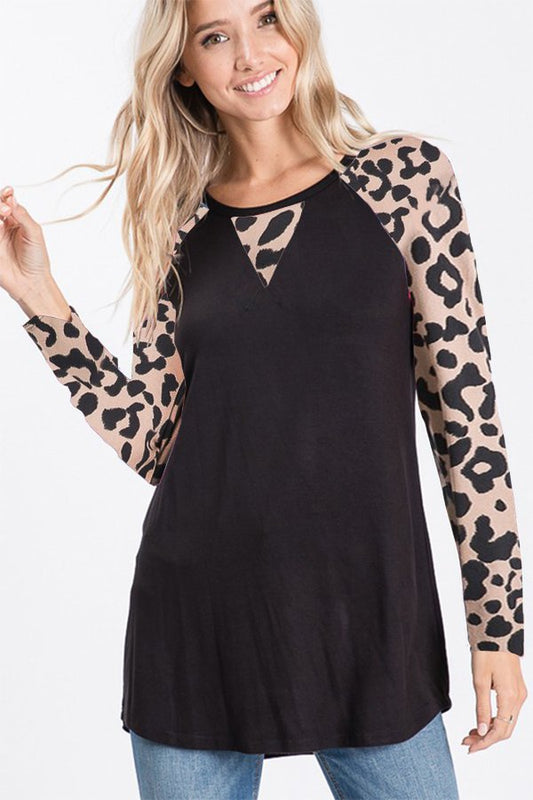 LONG SLEEVE SOLID AND ANIMAL PRINT CONTRAST TOP