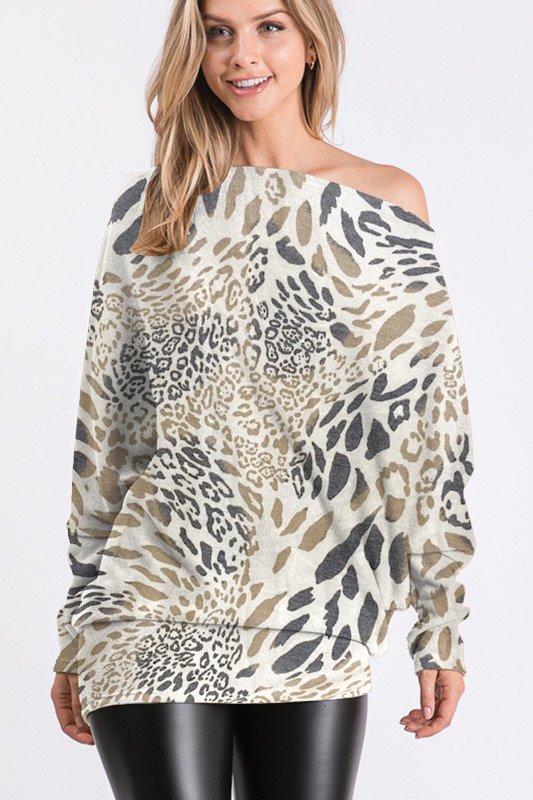 LONG SLEEVE LEOPARD PRINT TOP WITH ONE OFF SHOULDER DETAIL