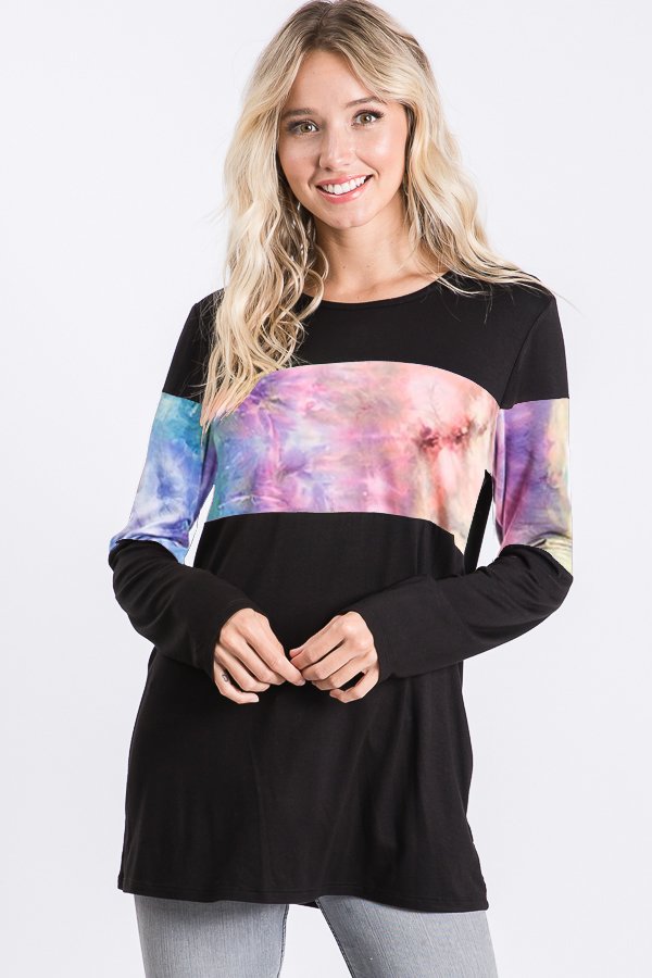 LONG SLEEVE ROUND NECK SOLID AND TIE DYE PRINT CONTRAST TOP