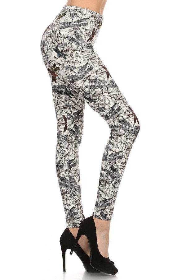 BLACK WHITE DRAGONFLY  PRINT Brushed Ankle ONE SIZE Leggings