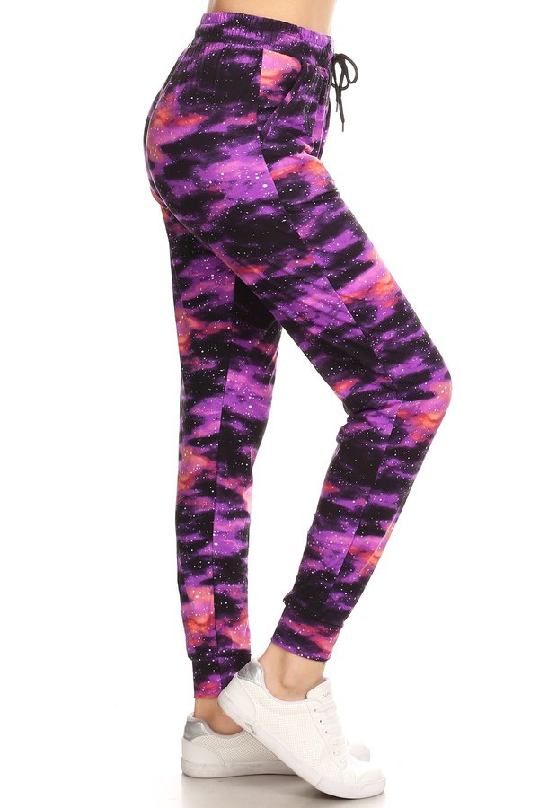 PURPLE Galaxy printed joggers with solid trim, drawstring waistband, waist pockets, and cuffed hems