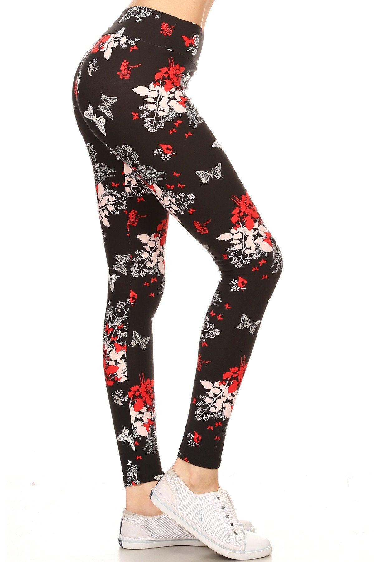 YOGA BAND RED WHITE FLORAL BUTTERFLY Print Brushed Ankle ONE SIZE Leggings