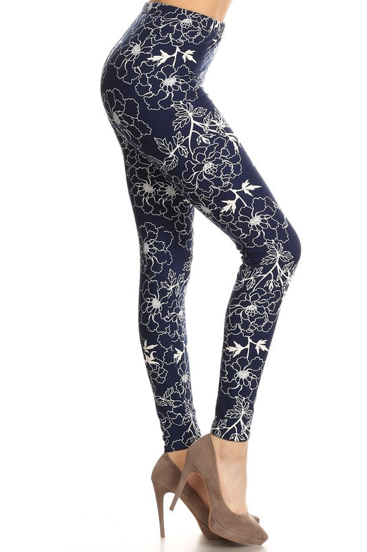 BLUE WHITE FLORAL Pattern PRINT ONE SIZE LEGGINGS FULL BUTTERY SOFT