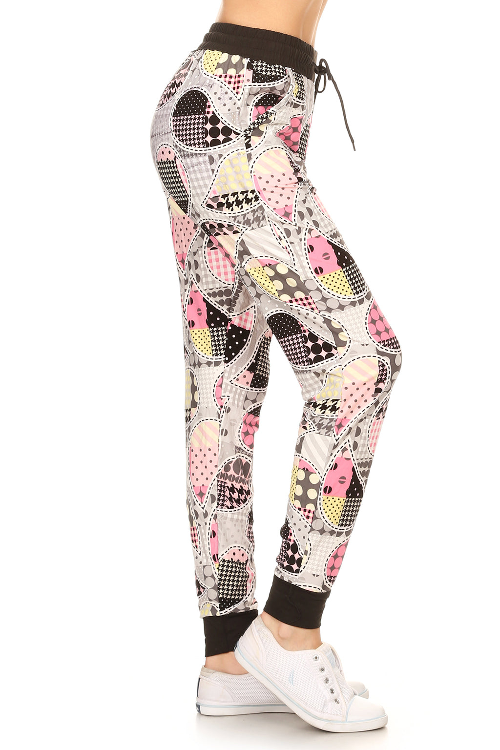 PINK Multi pattern paisley printed joggers with solid trim accent, elastic waist with drawstring, waist pockets and cuffed hem
