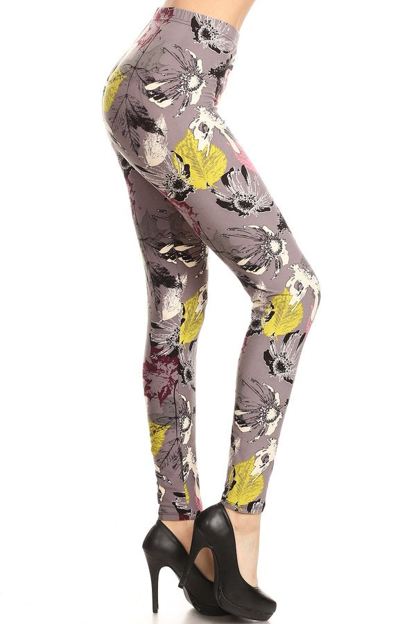 ABSTRACT FLOWERS Print Brushed Ankle ONE SIZE Leggings