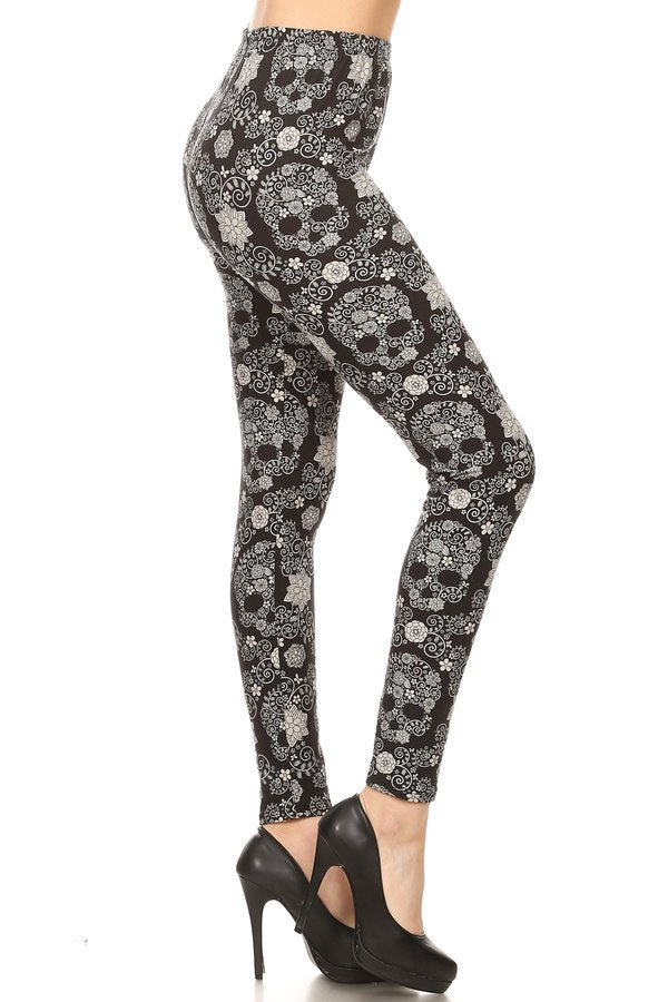 BLACK WHITE HIDDEN SKULL Print Brushed Ankle ONE SIZE Leggings