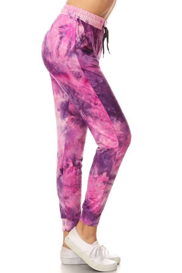 PINK Tie dye printed joggers with solid trim, drawstring waistband, waist pockets, and cuffed hems