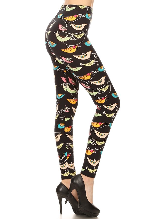 MULTI COLOR BIRD Print Brushed Ankle ONE SIZE Leggings