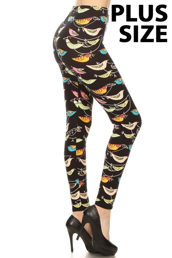 MULTI COLORED BIRDS Print Brushed Ankle PLUS SIZE Leggings