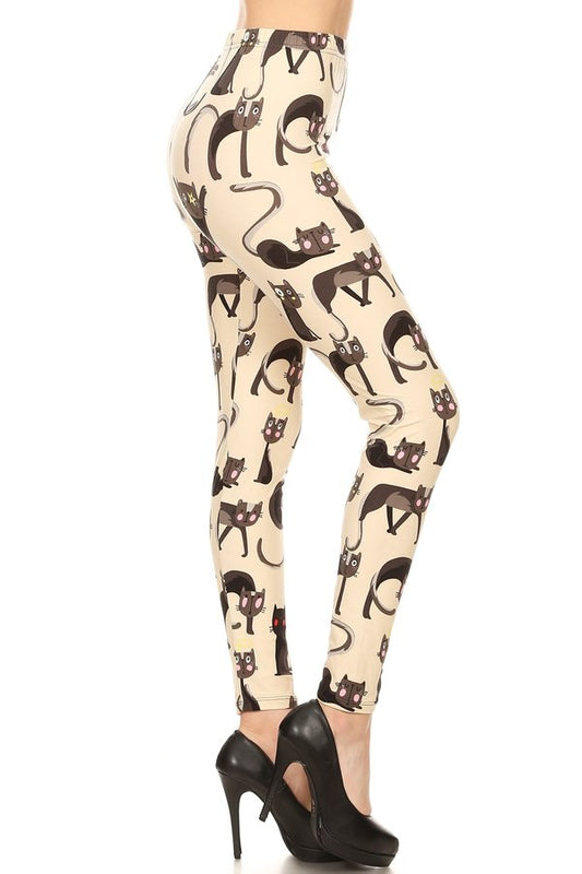 CARTOON CATS Print Brushed Ankle ONE SIZE Leggings