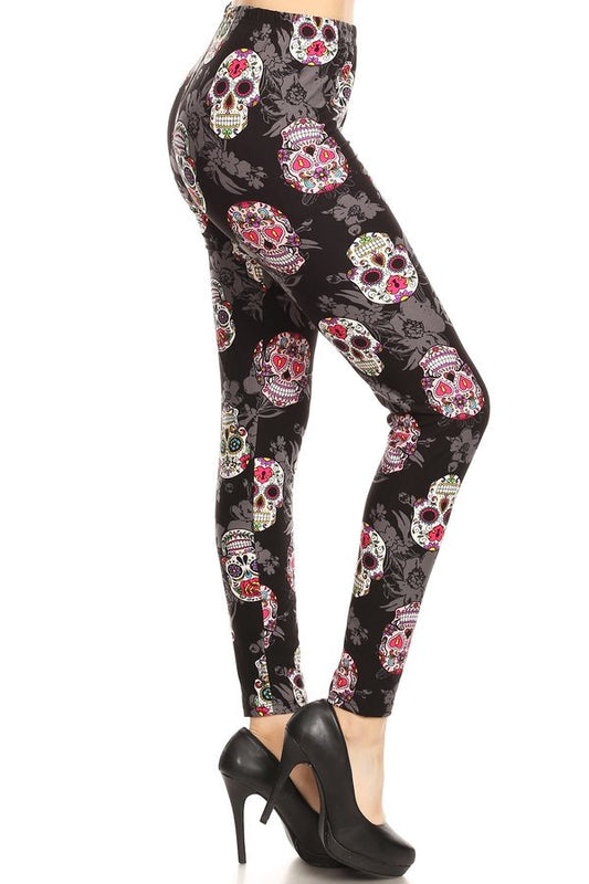 FLORAL SUGAR SKULL Print Brushed Ankle ONE SIZE Leggings