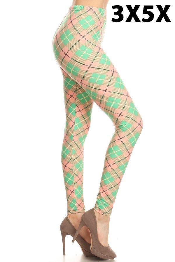 Light Pink/Green Plaid Print Brushed Ankle Leggings 3x5x