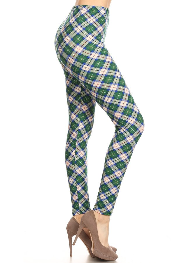 GREEN PLAID PRINT Brushed Ankle ONE SIZE Leggings