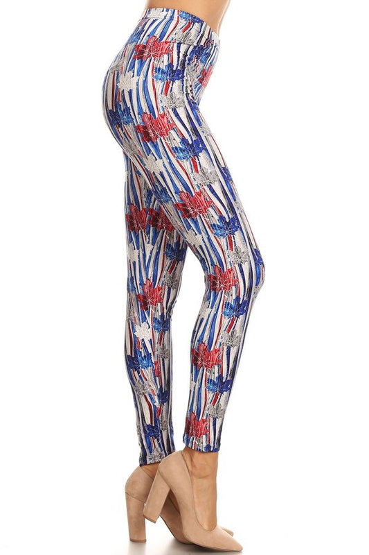 RED BLUE LEAF Print Brushed Ankle ONE SIZE Leggings