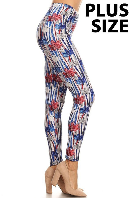 RED BLUE LEAF Print Brushed Ankle PLUS SIZE Leggings