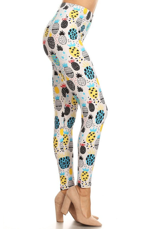 BLUE YELLOW PINEAPPLE Print Brushed Ankle ONE SIZE Leggings