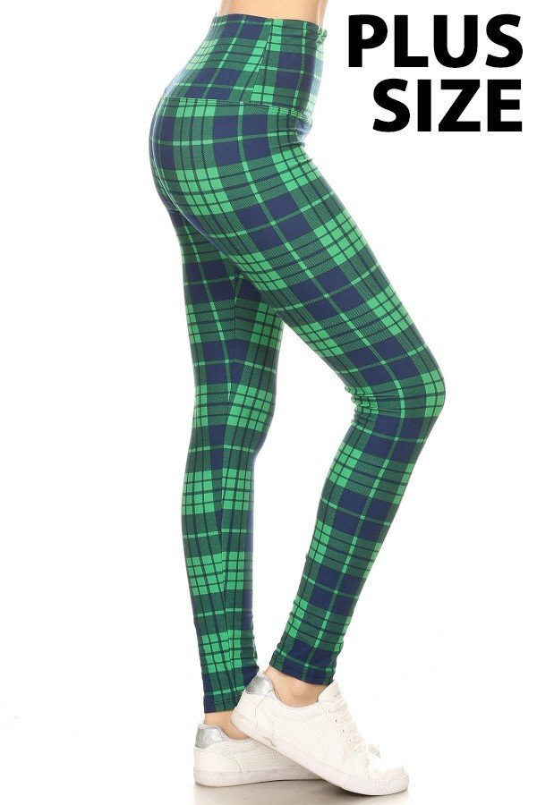 PLUS SIZE 5IN YOGA BAND BLUE/GREEN PLAID Printed Leggings