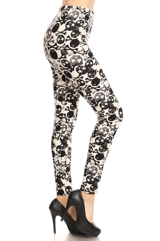 BLACK WHITE SKULL AND BONES Print Brushed Ankle ONE SIZE Leggings