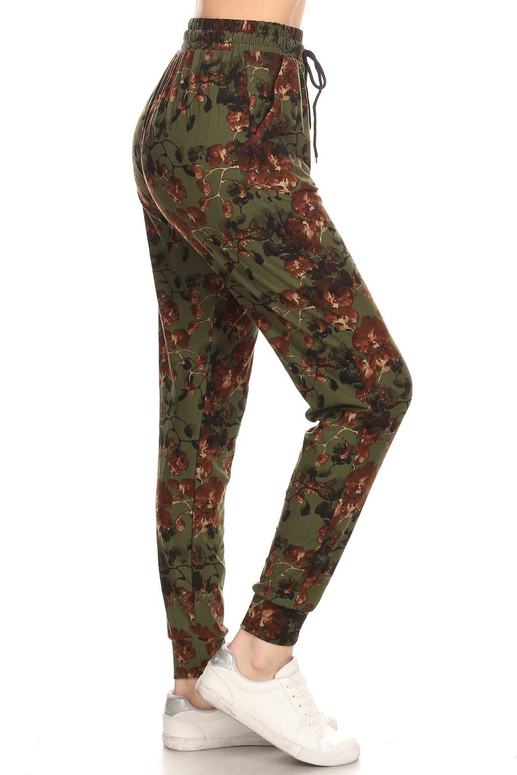 GREEN  Floral printed joggers with solid trim, drawstring waistband, waist pockets, and cuffed hems