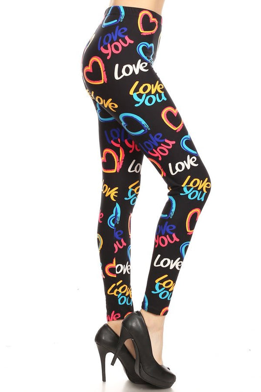 MULTI COLOR LOVE PRINT Brushed Ankle ONE SIZE Leggings