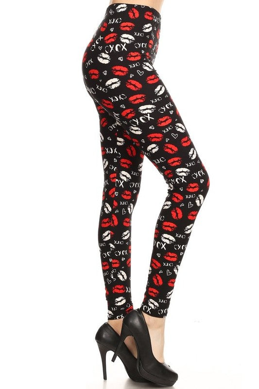 YOGA BAND XOXO LIP PRINT Brushed Ankle ONE SIZE Leggings