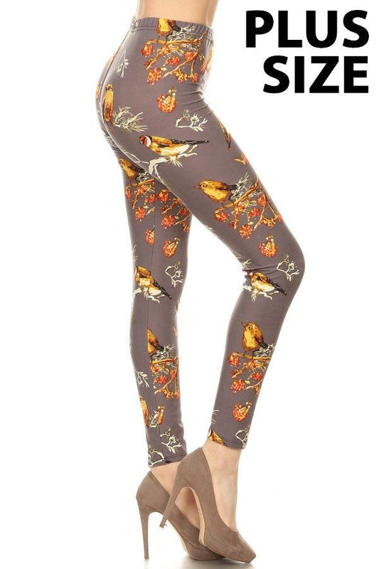 GREY BIRD PRINT Brushed Ankle PLUS SIZE Leggings