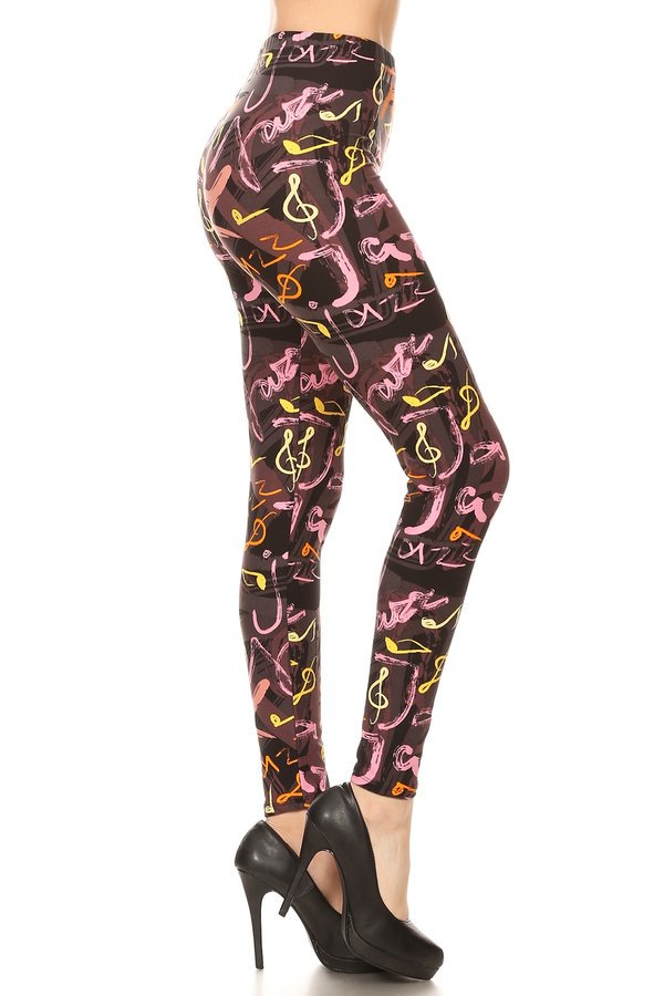 PINK YELLOW MUSIC NOTES PRINT Brushed Ankle ONE SIZE Leggings