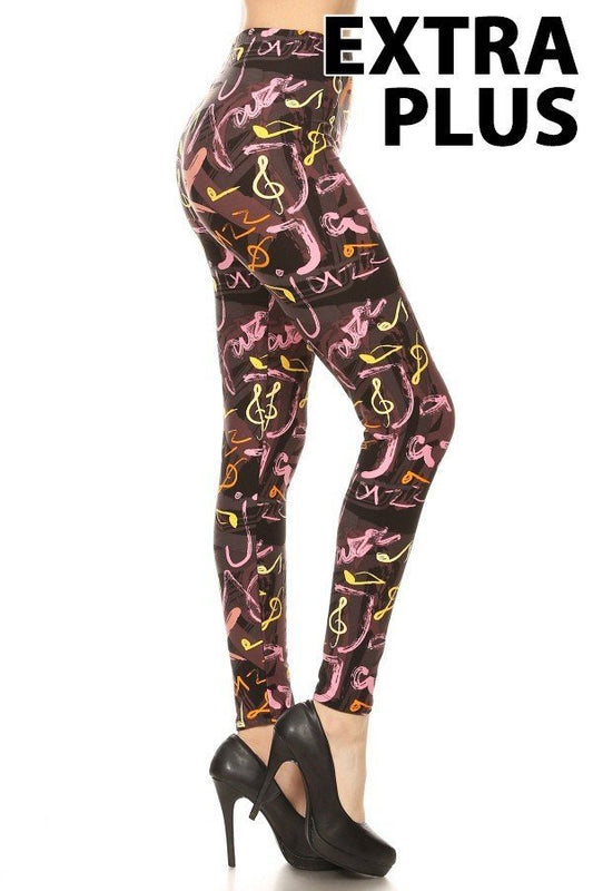 EXTRA PLUS PINK YELLOW MUSIC NOTES PRINT Brushed Ankle PLUS SIZE Leggings