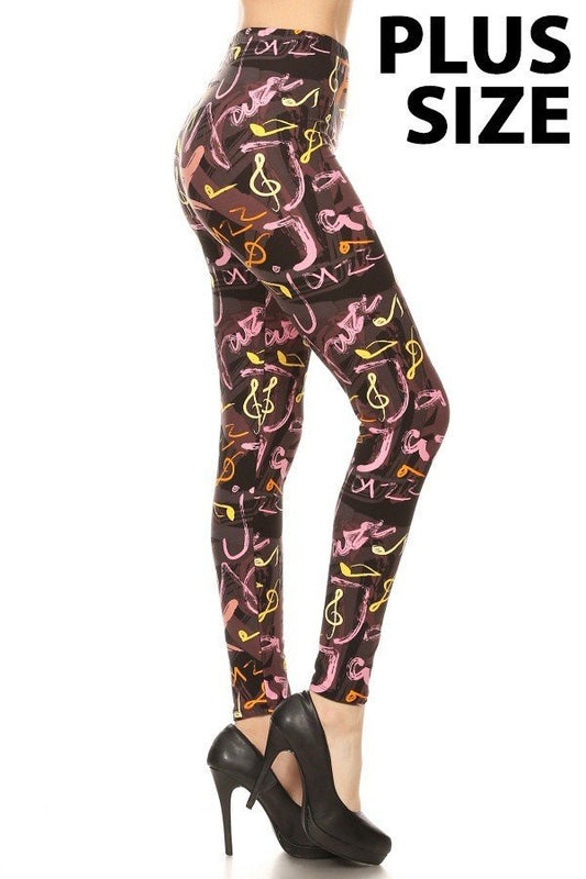 PINK YELLOW MUSIC NOTES PRINT Brushed Ankle PLUS SIZE Leggings