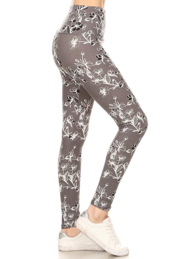 YOGA ONE SIZE GREY/WHITE  FLORAL Print Brushed Leggings