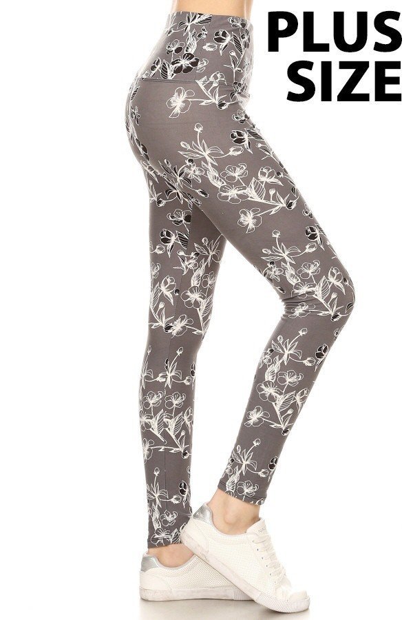 YOGA PLUS SIZE GREY/WHITE  FLORAL Print Brushed Leggings