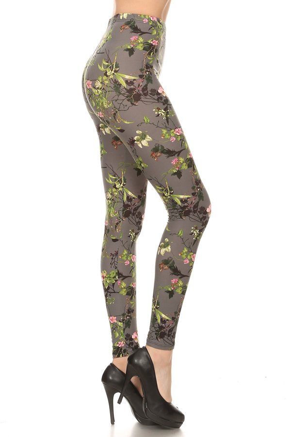 ONE SIZE GREY FLORAL Print Brushed Leggings