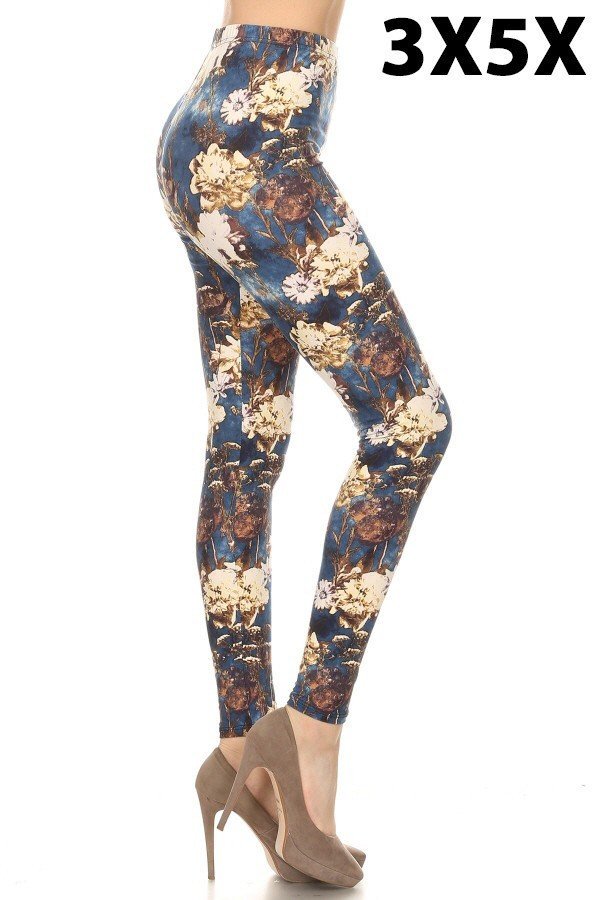 3X5X BLUE/WHITE FLORAL Print Brushed Leggings