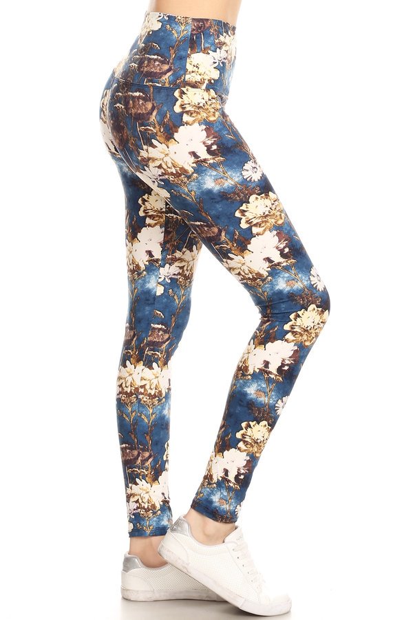 YOGA ONE SIZE BLUE/WHITE FLORAL Print Brushed Leggings